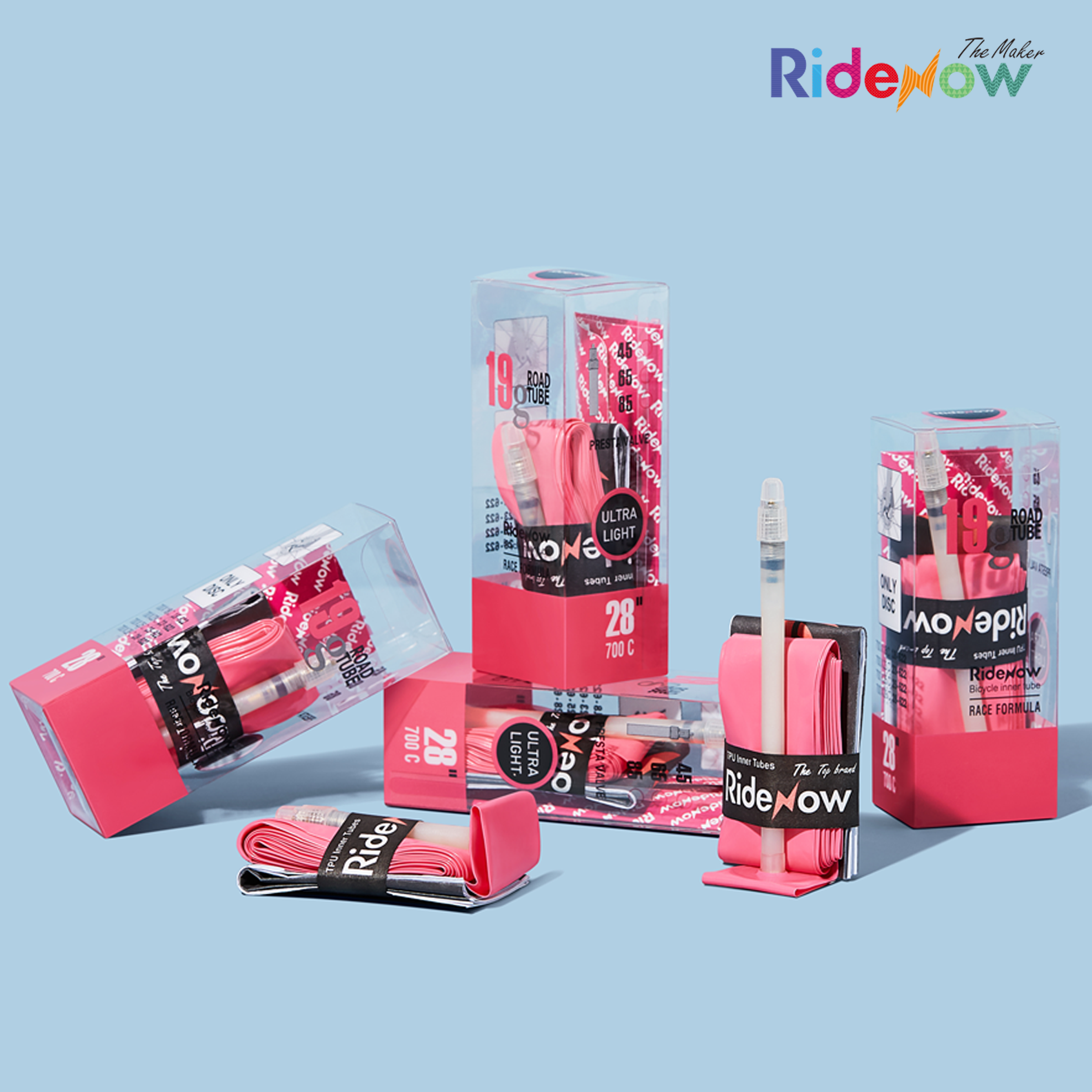 RideNow TPU Inner Tube Road Bike 700x18-28C, 700x18-32C, 700x28-38C, 2 Pack | 700C bicycle inner tube with Presta valve 45/65/85 mm, 19g/24g/36g/39g